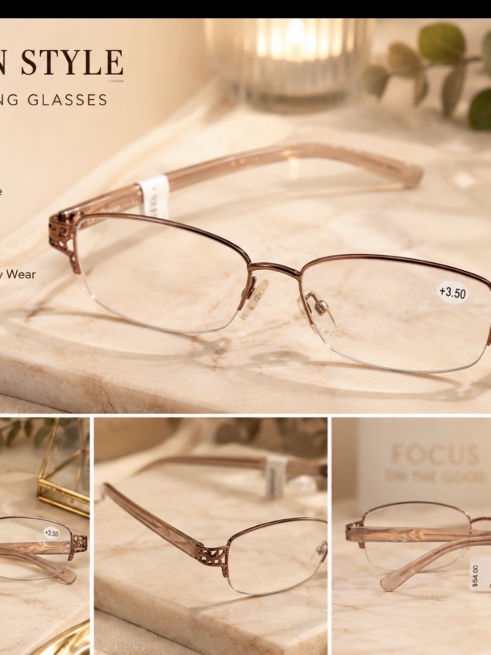 Women's Rose Gold Semi-Rim Metal Reading Glasses